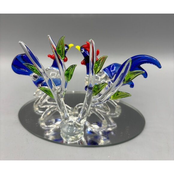 Hand Blown Glass Rooster Figurines Mirror Base Colorful Display‎ - Picture 4 of 9